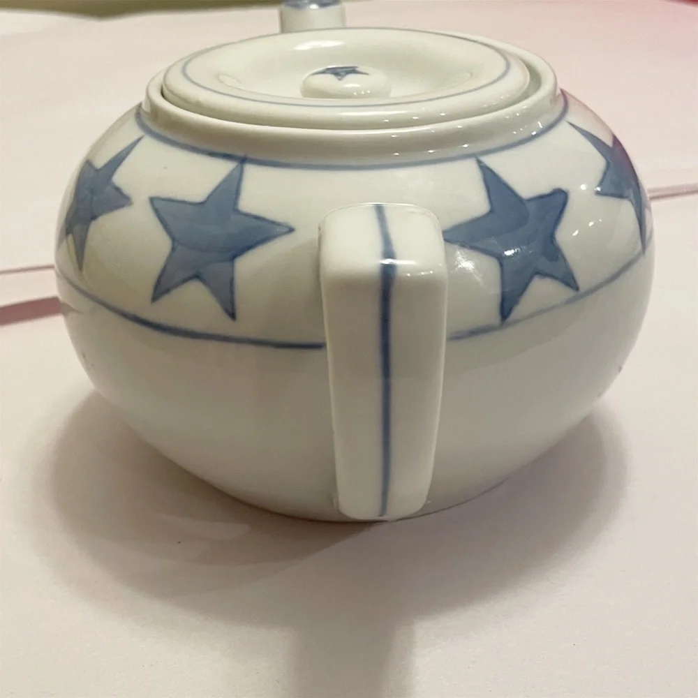 White & Blue Stars Pier 1 Stoneware Teapot